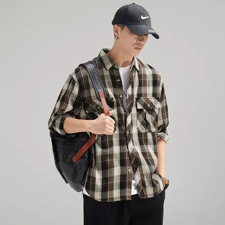 Modi Nick/摩帝尼克日系复古纯棉男士格子衬衫宽松休闲舒适男衬衣图片