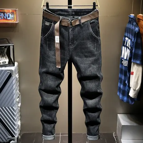 2021春秋季新款牛仔裤男高端潮牌黑色弹力微哈伦长裤子男宽松直筒商品大图