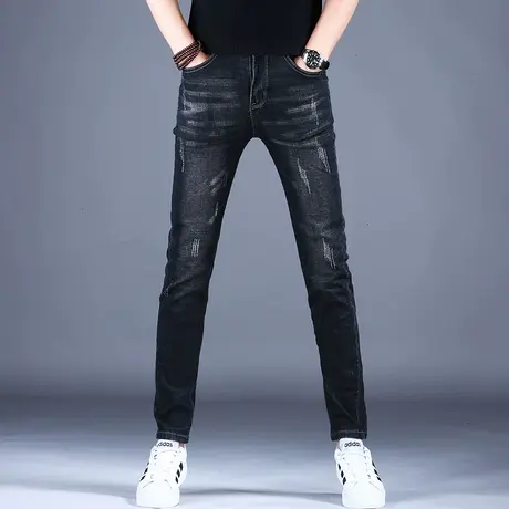 2023男士新款牛仔裤男款黑色修身抓痕小脚裤子男潮牌百搭秋款轻奢商品大图