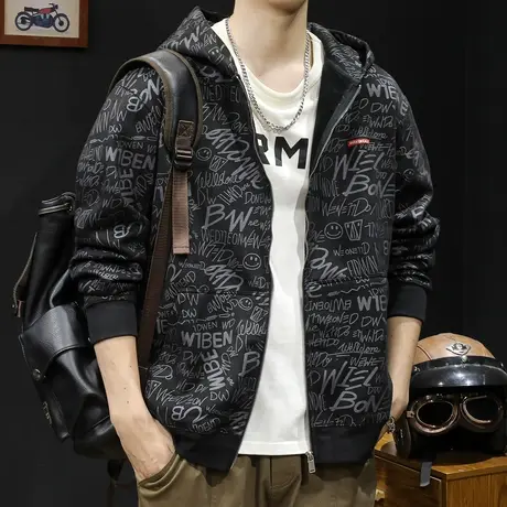 春秋开衫卫衣男连帽男款潮牌大码拉链男士秋冬运动外套麂皮绒加厚商品大图