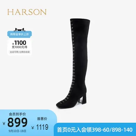 哈森 秋季新款女靴优雅方头粗跟弹力靴百搭长筒靴过膝靴HA10812图片