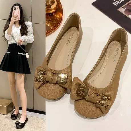 单鞋女方跟2023年春夏新款平底浅口软皮女鞋蝴蝶结软底小皮鞋潮商品大图