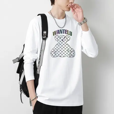 2023新款白色t恤男士长袖纯棉圆领上衣服全棉内搭打底衫小熊体恤商品大图