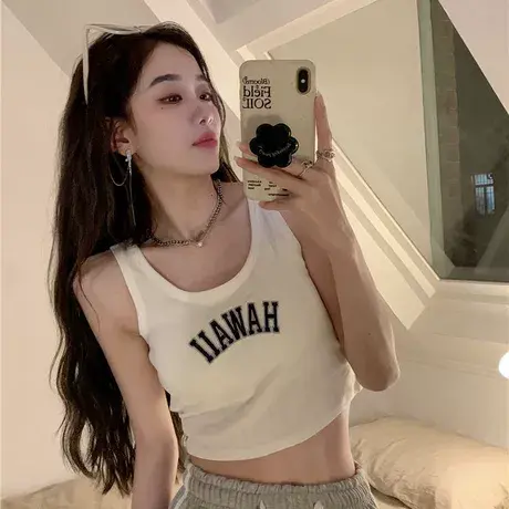 欧美辣妹风复古字母刺绣无袖背心女夏季修身短款露脐工字打底上衣商品大图
