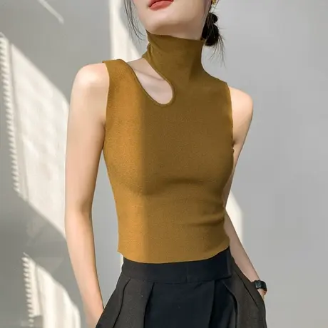 歌倍尚高领背心女夏季美拉德穿搭修身显瘦内搭镂空无袖短款针织衫商品大图