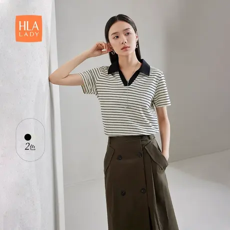 HLA/海澜之家条纹通勤短袖Polo2024春夏新款V领商务时尚大方女装图片