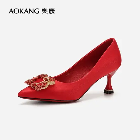【门店发货】奥康女鞋 2022秋季新款红色结婚喜庆细高跟宴会鞋潮图片