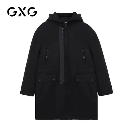 【特价】GXG男装 冬季黑色经典中长款毛呢大衣外套GY126351G商品大图