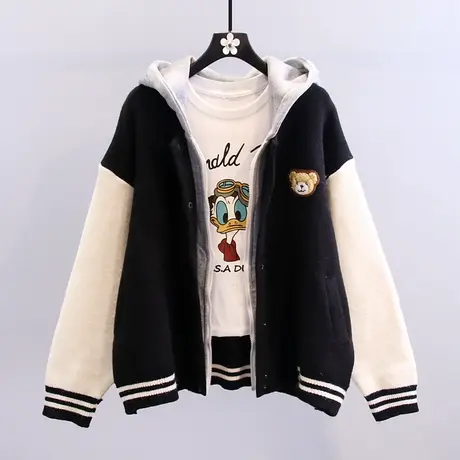 拼接连帽假两件小熊毛衣外套女冬季2023年新款学院风宽松针织开衫图片