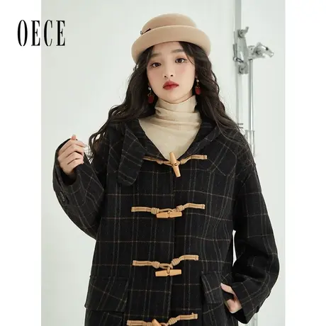 Oece复古格纹双面羊毛呢大衣2022冬季新款女装高级感外套女中长款商品大图