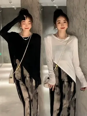 T恤女夏季2023新款慵懒风圆领宽松百搭不规则长袖防晒衣短款上衣商品大图