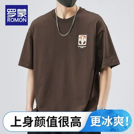 罗蒙薄款圆领短袖男装夏季宽松潮流半袖T恤舒适休闲帅气打底上衣商品大图