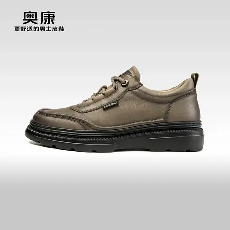 奥康男鞋春季新款时尚休闲皮鞋真皮软底系带磨砂舒适厚底板鞋商品大图