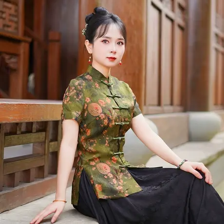筠雅夏季新款复古时尚改良中式唐装上衣女斜襟新中式短袖女25J207商品大图