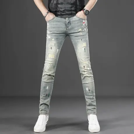 2025新款夏季个性泼墨牛仔裤男款复古破洞潮流百搭修身小脚男裤子商品大图