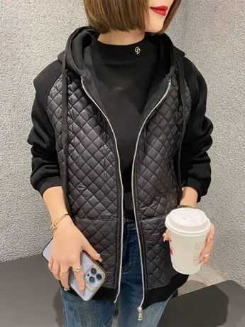 2023连帽卫衣拼接菱格外套女秋冬季新款慵懒风宽松棒球服棉服外套图片