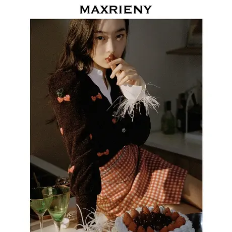 MAXRIENY甜心樱桃针织复古开衫v领上衣女秋冬打底衫图片