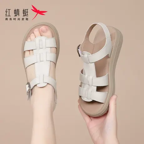 红蜻蜓凉鞋女真皮头层牛皮夏季新款平底软底夏天女士外穿罗马凉鞋图片