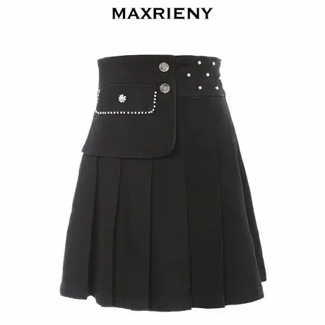 【奥莱】MAXRIENY黑色百褶裙夏季女士半身裙百搭洋气高腰学院短裙图片