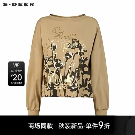 【商场同款】sdeer圣迪奥女时尚圆领撞色印花长袖T恤S25380211商品大图