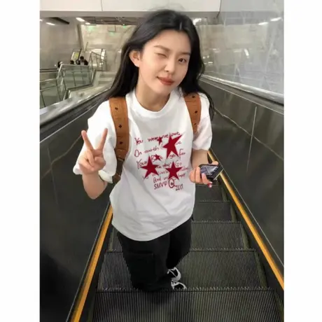 夏季纯棉短袖t恤女2025新款爆款美式高街小众半袖宽松超好看上衣图片