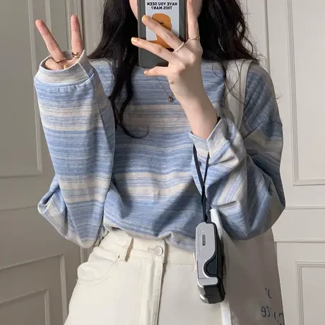 复古条纹长袖T恤女春秋韩风chic设计感小众打底衫宽松学生上衣服商品大图