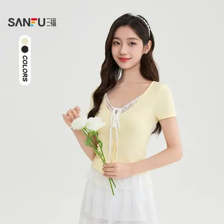 三福短T恤2025夏季蕾丝拼接假两件短款时尚上衣女装507251图片