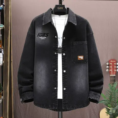 春秋季牛仔外套男装黑色宽松2023新款青少年高中初中学生潮牌夹克商品大图