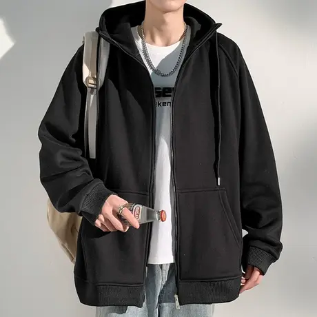 美式重磅开衫连帽卫衣男春秋季宽松运动上衣服青少年潮牌休闲外套商品大图