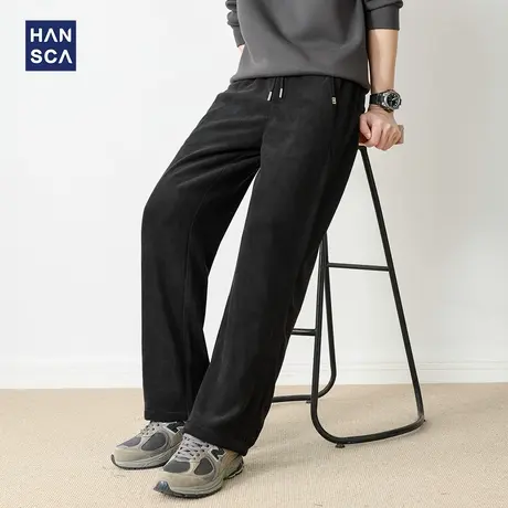 hansca秋季黑色直筒卫裤男新款高端雪尼尔宽松抽绳休闲百搭保暖裤商品大图