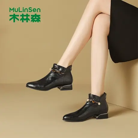 木林森女鞋2025新款冬季复古尖头中筒靴方跟串珠马丁靴女士时装靴商品大图