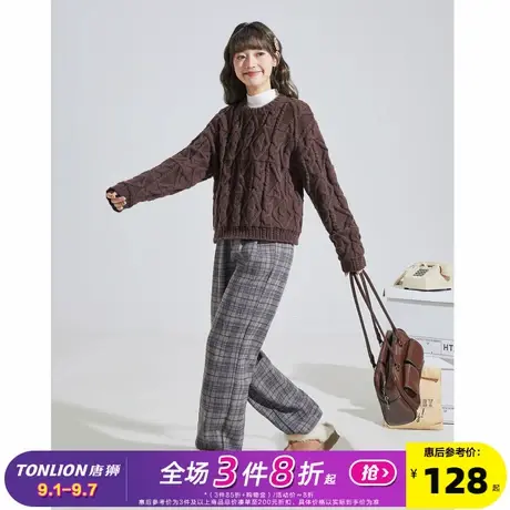 唐狮2024秋冬女毛衣短款套头净色绞花圆领长袖毛线衫初秋穿搭女图片