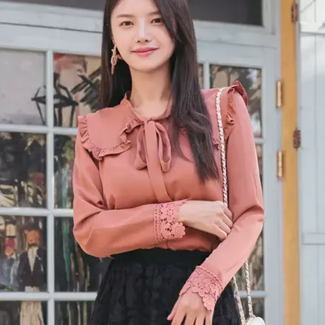 桔熊秋冬季荷叶边娃娃领蝴蝶结绑带厚雪纺衫上衣女装大码AB11329商品大图