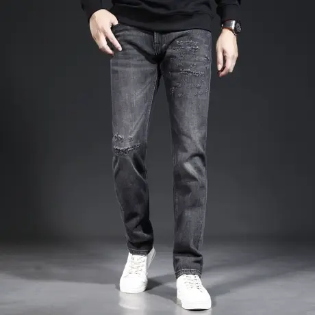 美式休闲宽松牛仔裤男破洞直筒秋季2023新款深灰色男士牛仔裤中年商品大图