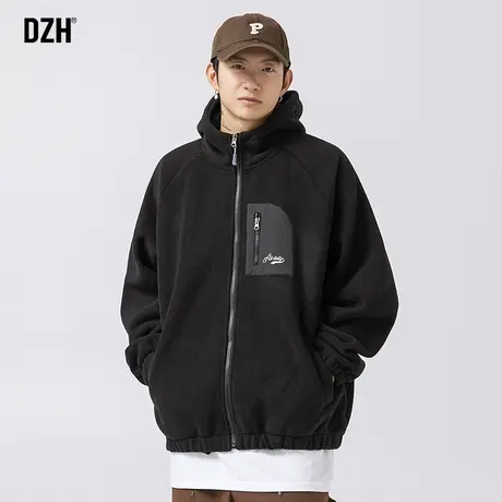 男士黑色摇粒绒卫衣外套男春秋潮高级感男装2023新款加绒夹克潮牌商品大图