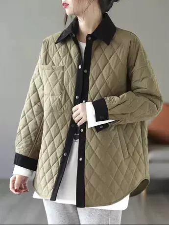 夹棉衬衫外套女秋冬中长款2023新款外穿时尚宽松加厚菱格衬衣长袖商品大图