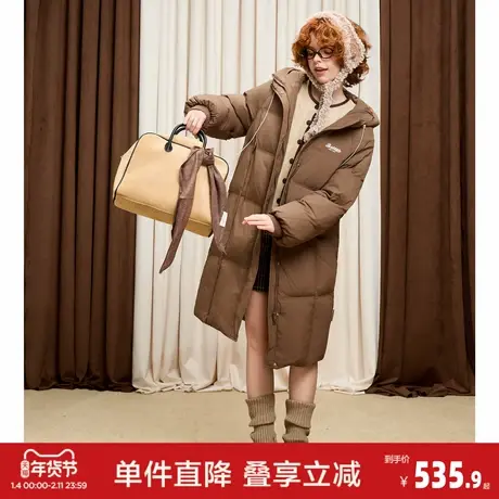 唐狮2026秋冬季女连帽长款羽绒服加厚保暖棕咖羽绒外套超好看时尚图片