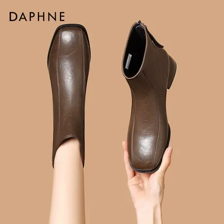 达芙妮短靴女2025新款秋冬加绒法式小踝靴棕色方头气质中跟瘦瘦靴图片