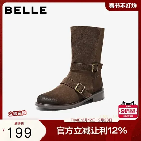 百丽复古反绒面中筒靴显瘦时装靴女鞋美拉德粗跟西部靴3QF65DG5商品大图