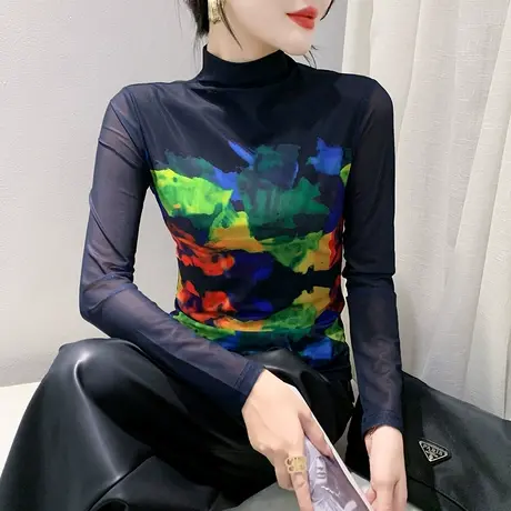 加绒半高领扎染印花上衣气质减龄网纱T恤女长袖ins洋气修身打底衫商品大图