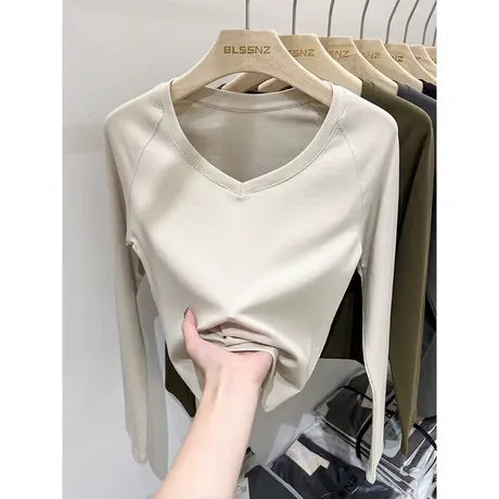 纯色简约V领内搭打底小衫女秋季韩版修身显瘦短款长袖T恤上衣潮商品大图