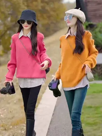 秋季新款纯色宽松百搭露肩设计感针织衫上衣柔软亮色毛衣打底衫潮商品大图