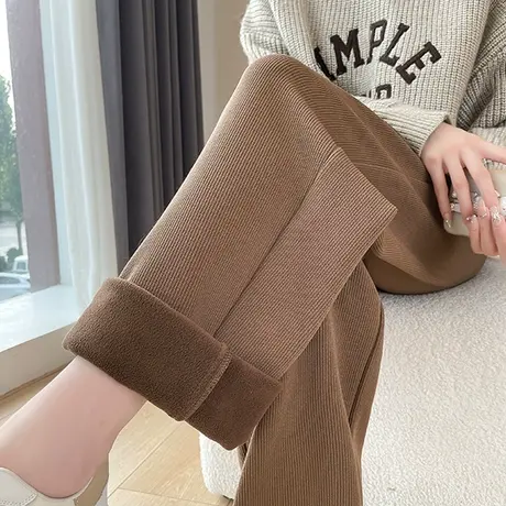 咖啡色针织棉加绒阔腿裤女冬季欧棉绒加厚高腰显瘦窄版直筒拖地裤图片