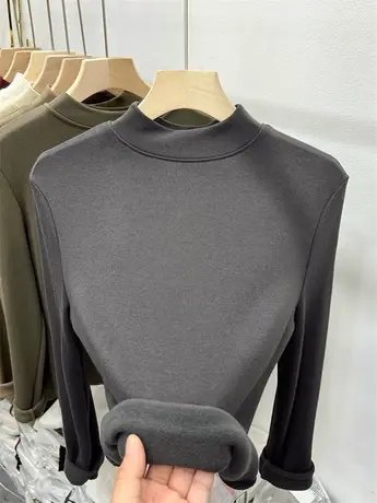 欧货明线羊绒针织衫女长袖2023秋冬新款圆领纯色软糯加绒打底上衣商品大图