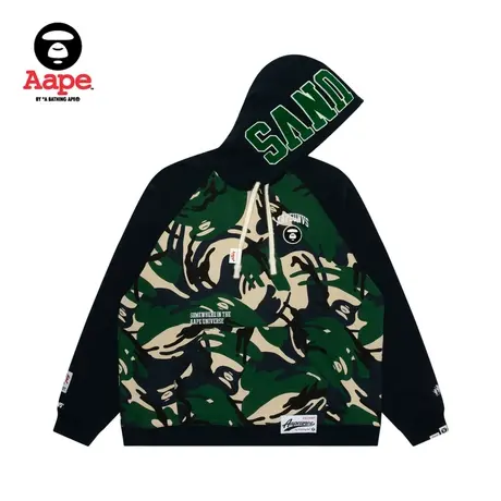 Aape旗舰店男装秋冬猿颜徽章迷彩休闲宽松薄绒连帽卫衣A363XBL图片