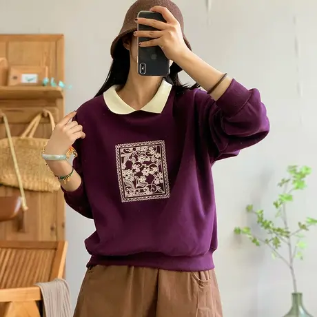 dza 复古翻领刺绣加绒假两件卫衣女2023秋冬新款宽松套头翻领上衣图片