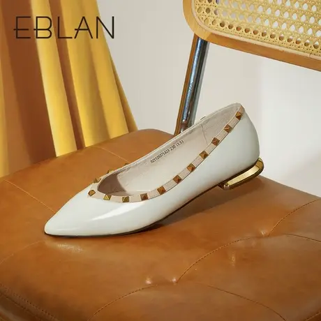 EBLAN伊伴女鞋新款气质真皮铆钉休闲小香风漆皮单鞋浅口平底鞋女商品大图