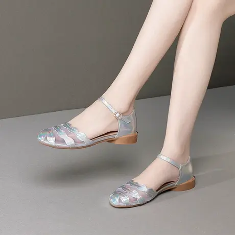 平底鞋女包头凉鞋春夏新款鞋子真皮圆头中空凉鞋休闲百搭四季单鞋图片