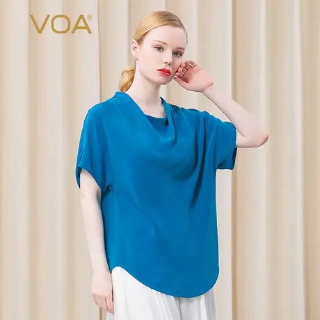 VOA40姆米重磅真丝粉蓝两色堆堆领褶皱短袖弧形下摆桑蚕丝T恤衫图片