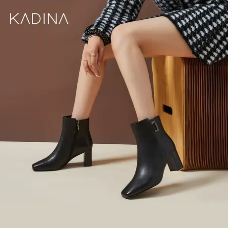 卡迪娜新款商务通勤女靴饰扣高跟羊皮革时装靴KA221575商品大图